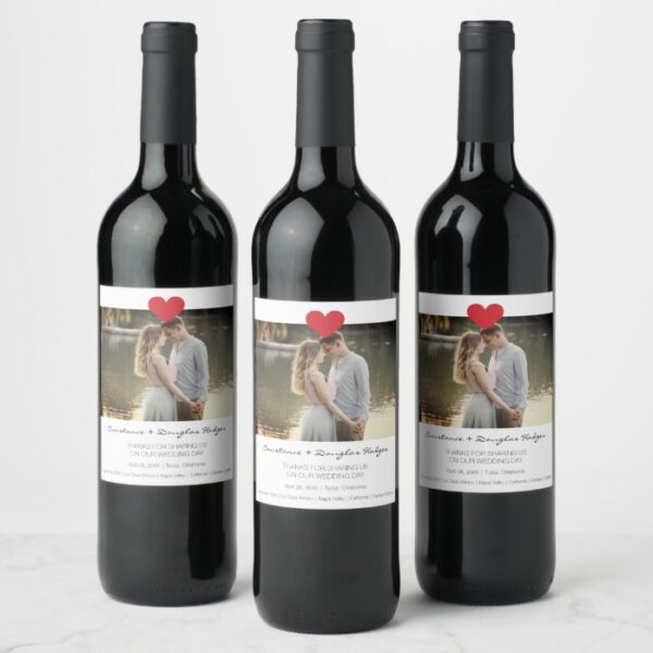 Thank You Heart Wedding Photo Engaged Couple Wine Label