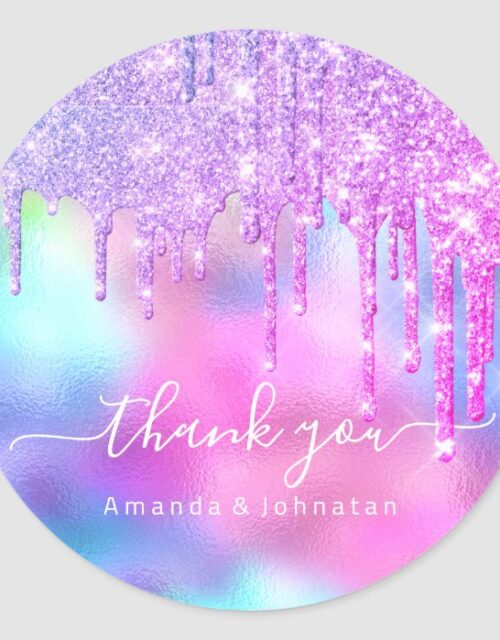 Thank You Name Wedding Glitter Holograph Pink Classic Round Sticker