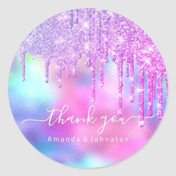 Thank You Name Wedding Glitter Holograph Pink Classic Round Sticker