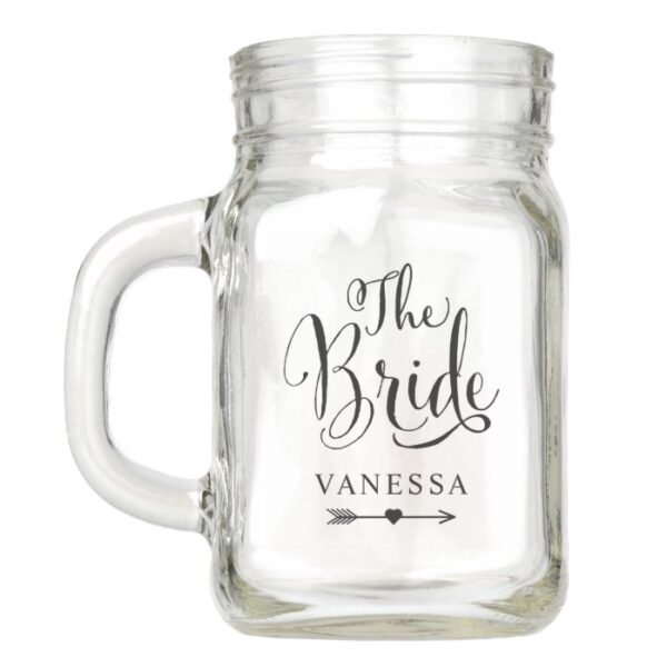 The Bride Black Script Boho Wedding Custom Name Mason Jar