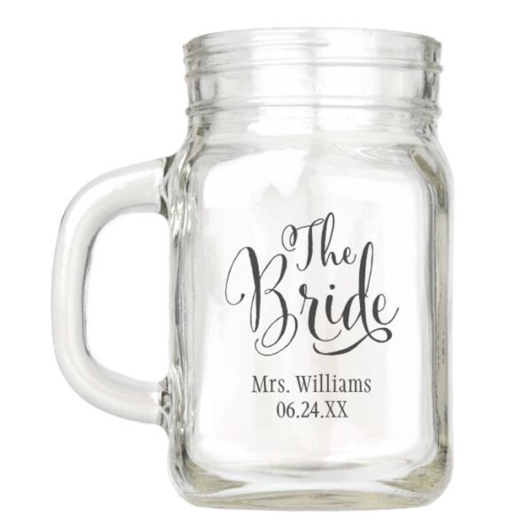 The Bride Black Script Mrs. Wedding Monogram Mason Jar