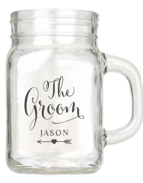 The Groom Black Script Boho Wedding Custom Name Mason Jar