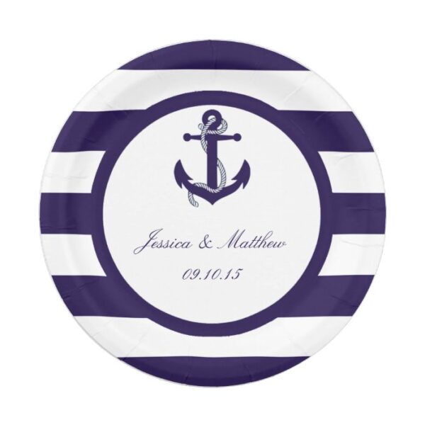 The Nautical Anchor Navy Stripe Wedding Collection Paper Plate