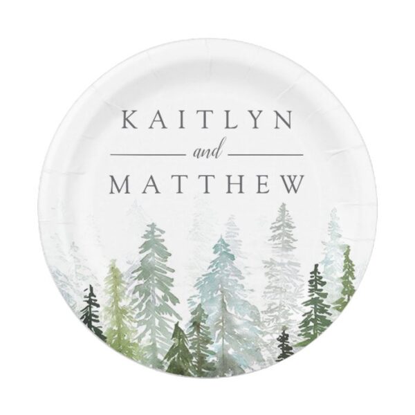 The Watercolor Pine Tree Forest Wedding Collection Paper Plate