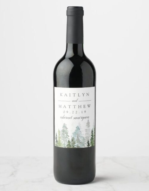 The Watercolor Pine Tree Forest Wedding Collection Wine Label