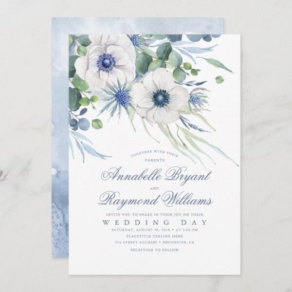 Thistle Anemone Greenery Dusty Blue Wedding Invitation