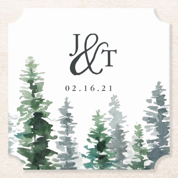 Timber Grove Wedding Monogram & Date Paper Coaster