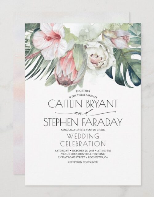 Tropical Beach Floral Greenery Foliage Wedding Invitation