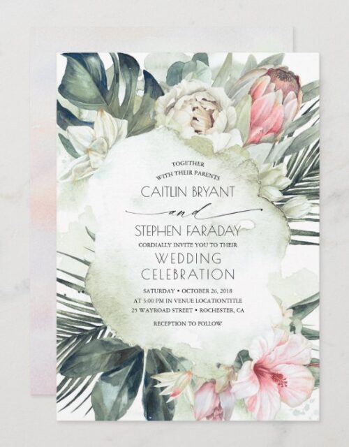 Tropical Beach Floral Greenery Foliage Wedding Invitation