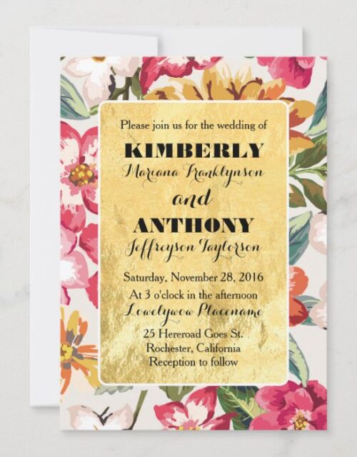 tropical beach flowers destiantion gold wedding invitation