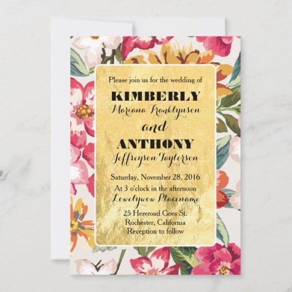 tropical beach flowers destiantion gold wedding invitation