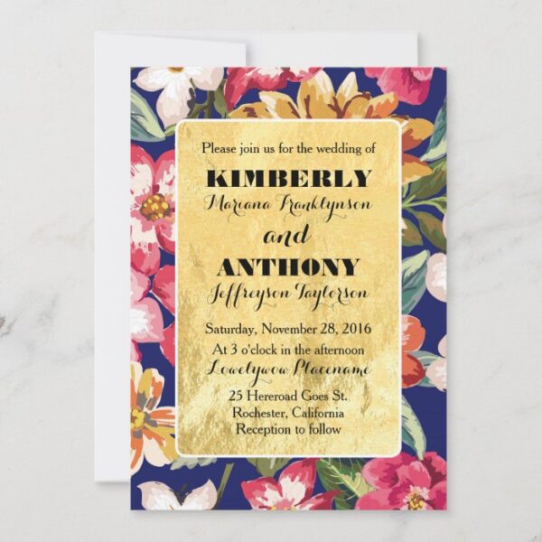 tropical beach flowers navy and gold wedding invitation