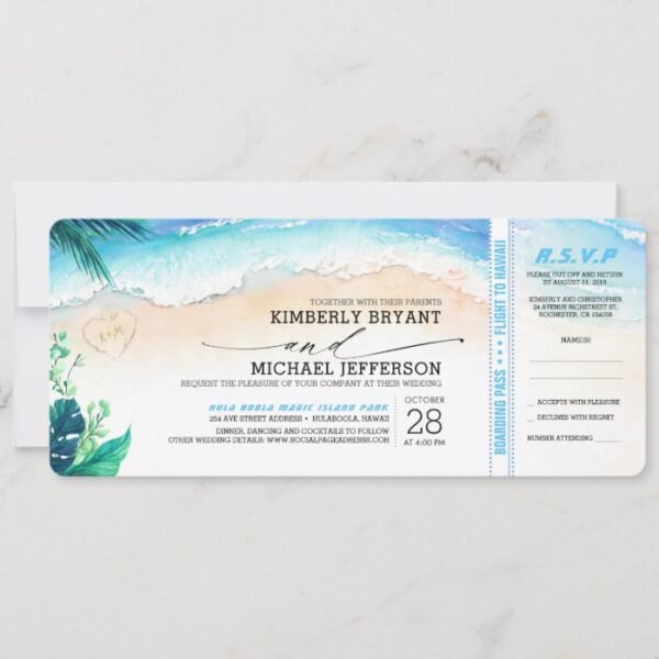 Tropical Beach Heart Shore Wedding Boarding Pass Invitation