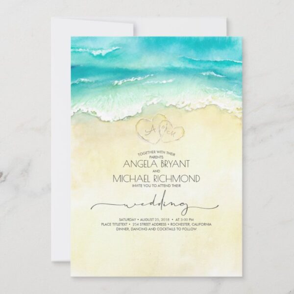 Tropical Beach Heart Watercolor Shore Wedding Invitation