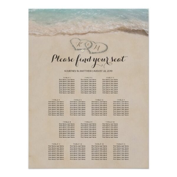 Tropical Beach Heart Wedding 14 Seating Chart