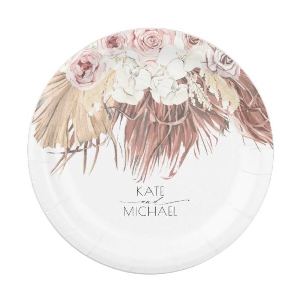 Tropical Dried Palm Leaf and White Orchid Wedding Paper Plate