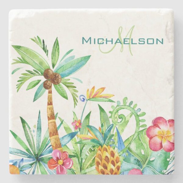 Tropical Floral Watercolor Stone Coaster