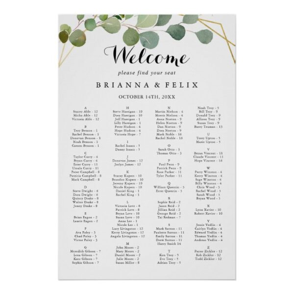 Tropical Green Leaves Alphabetical Seating Chart
