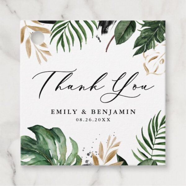 Tropical Leaves Faux Gold Foil Wedding Thank You Favor Tags