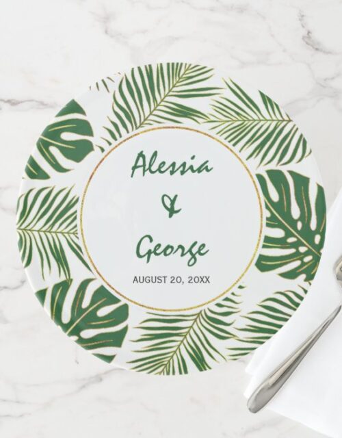 Tropical leaves modern green and gold wedding cake stand