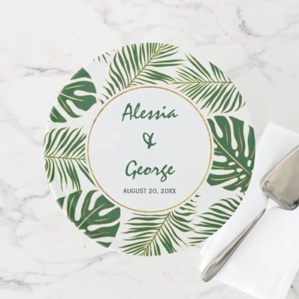 Tropical leaves modern green and gold wedding cake stand