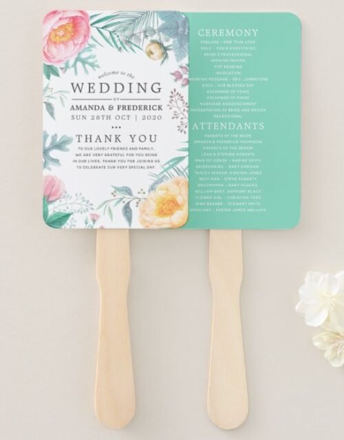 Tropical Mint Floral Summer Wedding Hand Fan