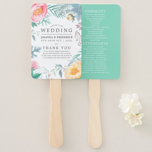 Tropical Mint Floral Summer Wedding Hand Fan