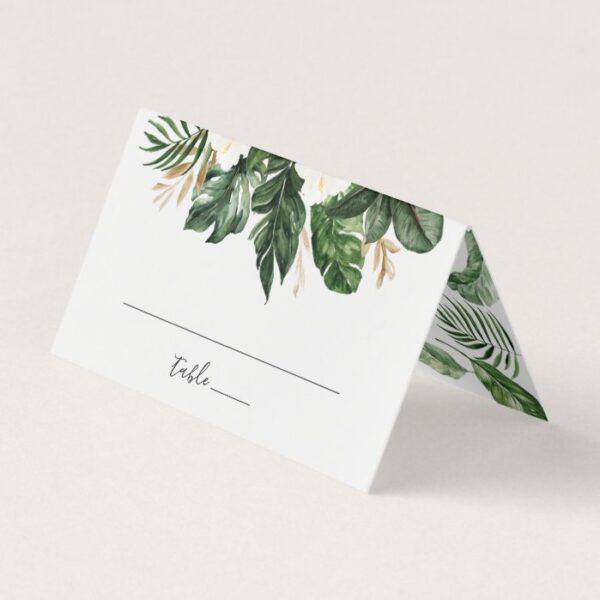 Tropical Modern Palm Beach Floral Gold Leaf Place Card