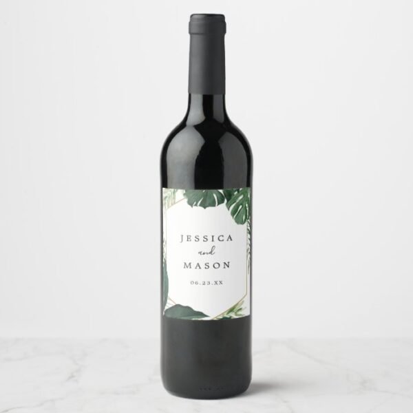 Tropical Monstera Wedding Wine Labels