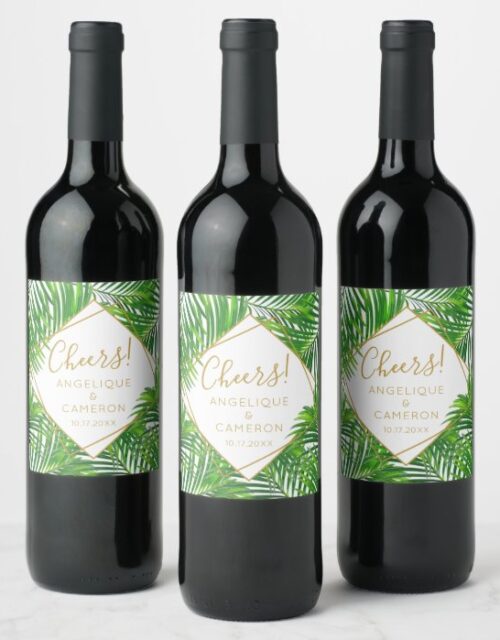Tropical Palm Greenery and Gold Geometric Wine Label