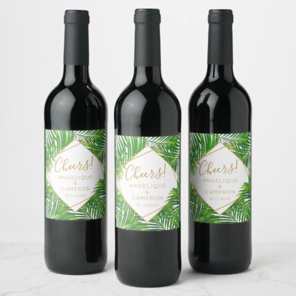 Tropical Palm Greenery and Gold Geometric Wine Label