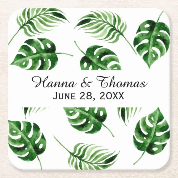 Tropical Palm Leaf Destination Wedding Square Paper Coaster