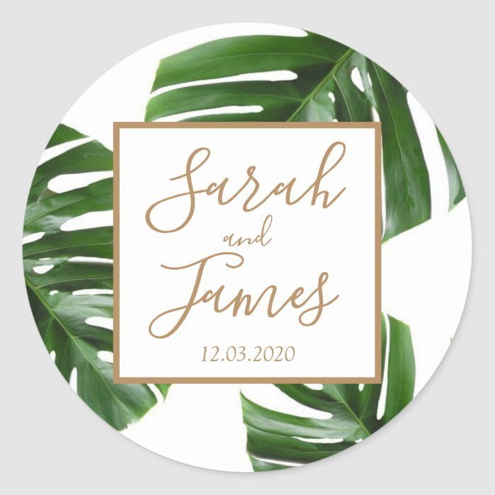 Tropical Palm Leaf green rose gold wedding sticker
