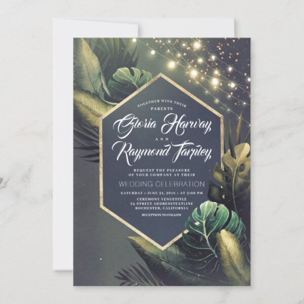 Tropical Seaside Night and Gold Palms Wedding Invitation