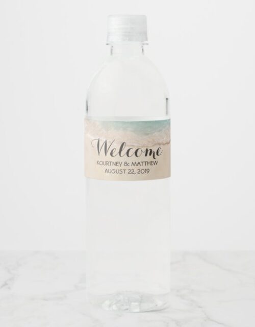 Tropical Vintage Beach Heart Shore Wedding Welcome Water Bottle Label