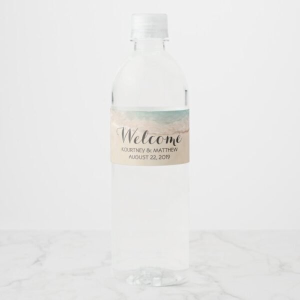 Tropical Vintage Beach Heart Shore Wedding Welcome Water Bottle Label