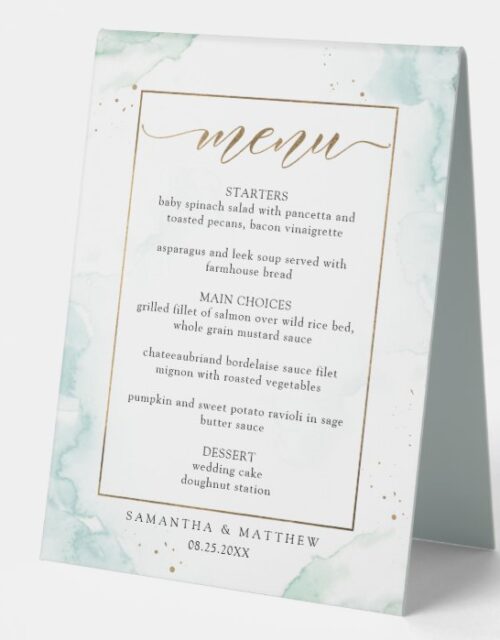 Turquoise, Green and Gold Watercolor Menu Table Tent Sign