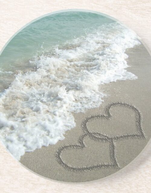Two Sand Hearts on the Beach, Romantic Ocean Coaster