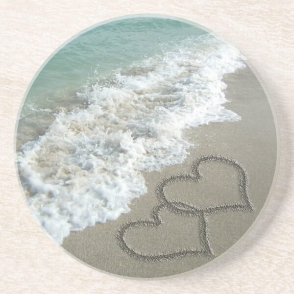 Two Sand Hearts on the Beach, Romantic Ocean Coaster