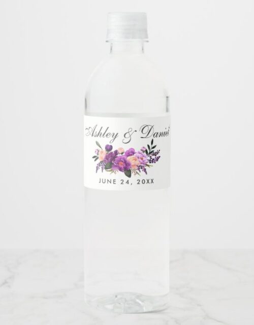 Ultra Violet Purple Floral Watercolor Wedding Water Bottle Label