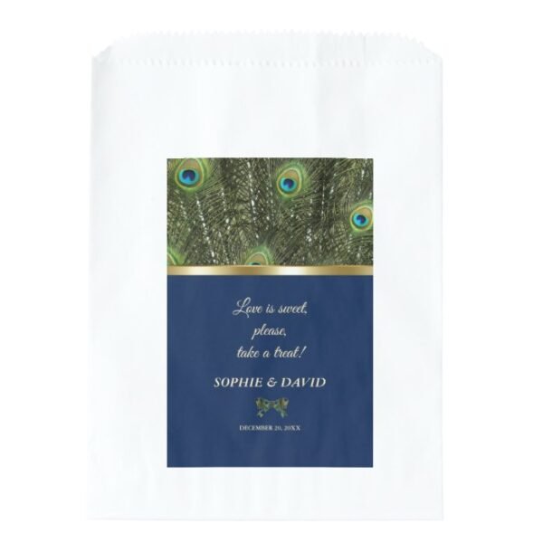 Unique Navy Blue Gold Peacock Feathers Wedding Favor Bag