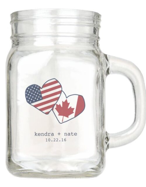 USA and Canada Heart Flags Wedding Favor Mason Jar