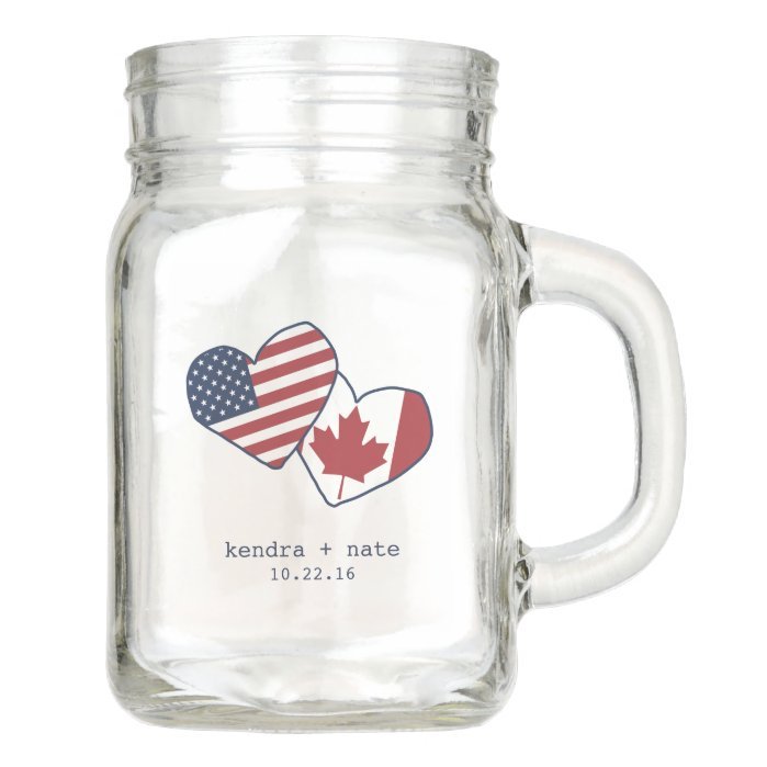 USA and Canada Heart Flags Wedding Favor Mason Jar
