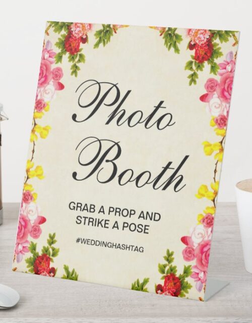 Vibrant Floral Wedding Photo Booth Pedestal Sign