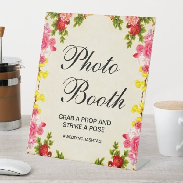 Vibrant Floral Wedding Photo Booth Pedestal Sign