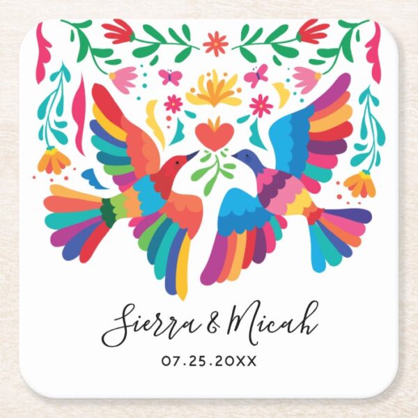 Vibrant Mexican Inspired Birds and Floral Square Paper Coaster