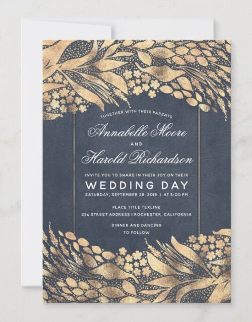 Vintage Elegant Gold Foliage Frame Wedding Invitation