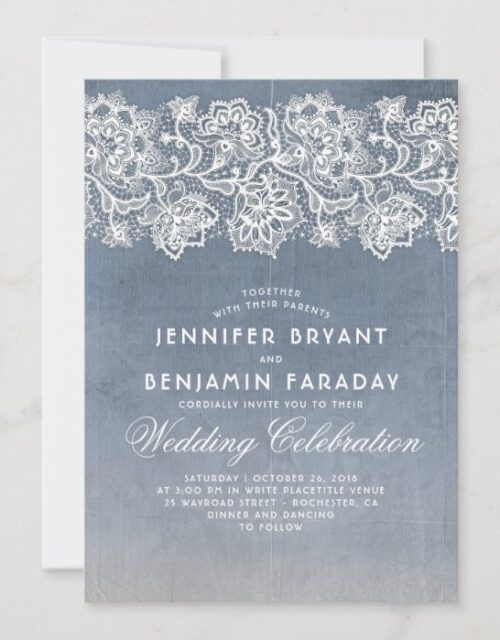 Vintage Floral Lace - Dusty Blue Wedding Invitation