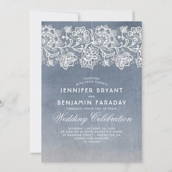 Vintage Floral Lace - Dusty Blue Wedding Invitation