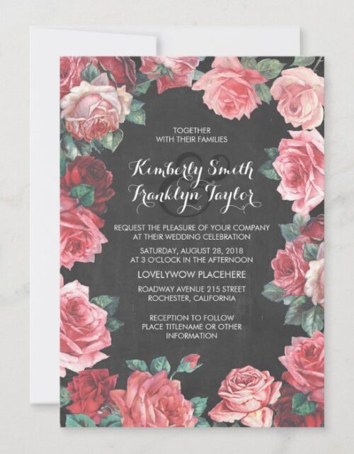 vintage floral - pink roses chalkboard wedding invitation